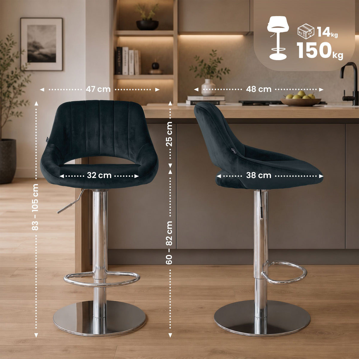 2-pack barstol Milet krom med extra tunga fötter